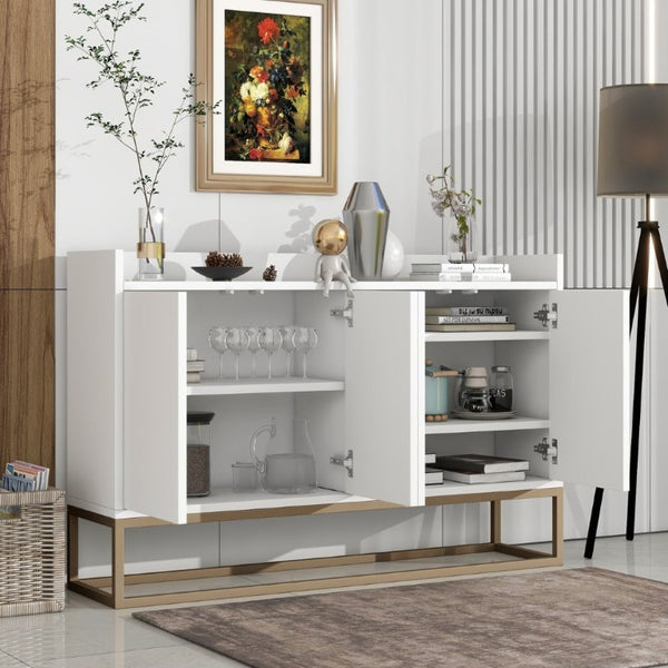 English Elm Trexm White and Gold Slim Buffet Cabinet with Push Open Doors for Dining Entryway WF298903AAK