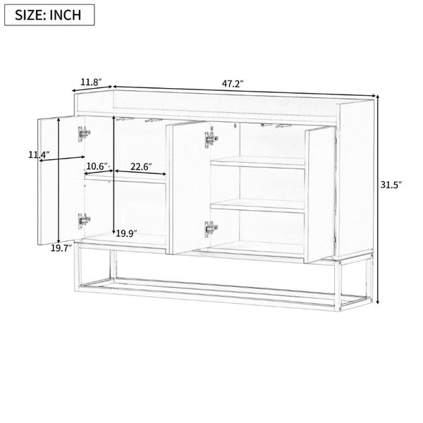 English Elm Trexm White and Gold Slim Buffet Cabinet with Push Open Doors for Dining Entryway WF298903AAK