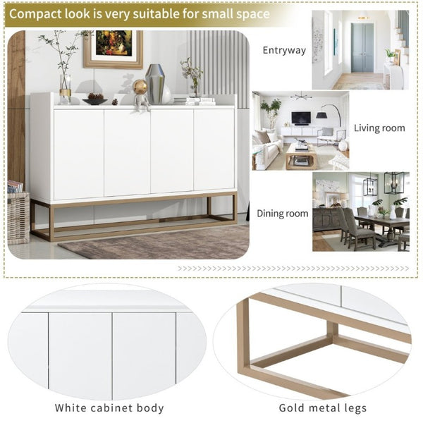 English Elm Trexm White and Gold Slim Buffet Cabinet with Push Open Doors for Dining Entryway WF298903AAK