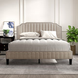 Hearth and Haven Garcia Linen Curved Upholstered Platform Bed with Nailhead Trim, Queen, Beige WF298928AAA