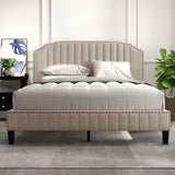 Hearth and Haven Garcia Linen Curved Upholstered Platform Bed with Nailhead Trim, Queen, Beige WF298928AAA