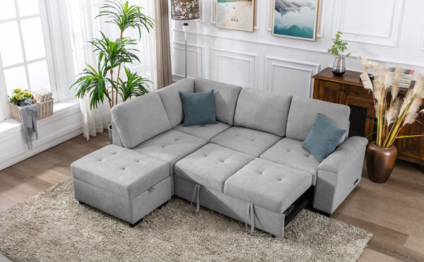 English Elm Sleeper Sectional with Storage Ottoman Usb Port and Hidden Arm for Apartment Living WF300684AAE