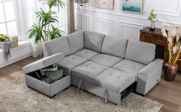 English Elm Sleeper Sectional with Storage Ottoman Usb Port and Hidden Arm for Apartment Living WF300684AAE