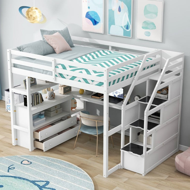 English Elm Full Size Loft Bed with Pine Frame Desk Shelving Drawers and Storage Staircase WF301678AAK