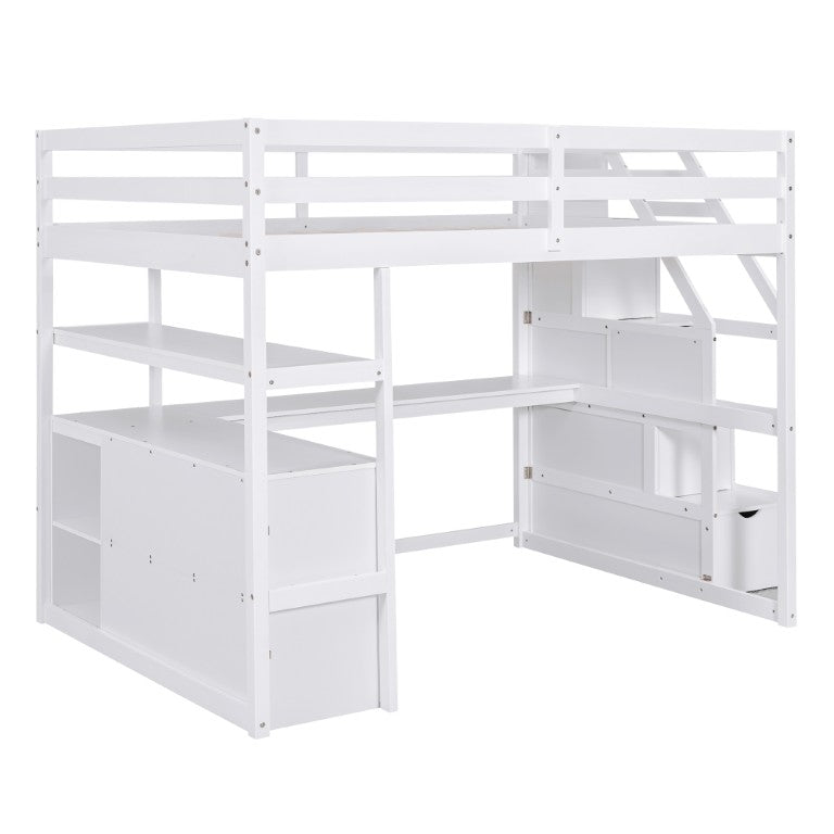 English Elm Full Size Loft Bed with Pine Frame Desk Shelving Drawers and Storage Staircase WF301678AAK