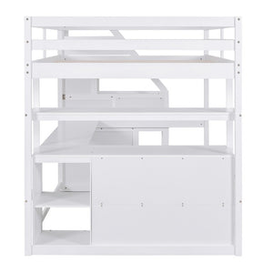 English Elm Full Size Solid Pine Loft Bed with Stair Storage Desk and Shelves in White WF301680AAK