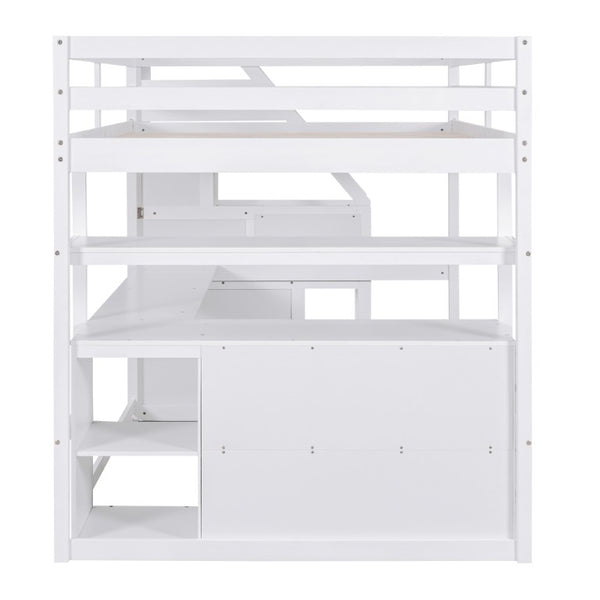 English Elm Full Size Solid Pine Loft Bed with Stair Storage Desk and Shelves in White WF301680AAK