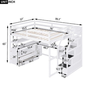 English Elm Full Size Solid Pine Loft Bed with Stair Storage Desk and Shelves in White WF301680AAK