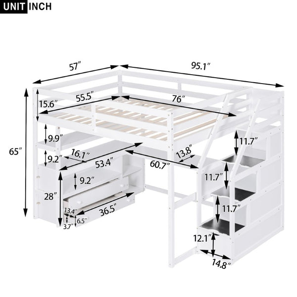 English Elm Full Size Solid Pine Loft Bed with Stair Storage Desk and Shelves in White WF301680AAK