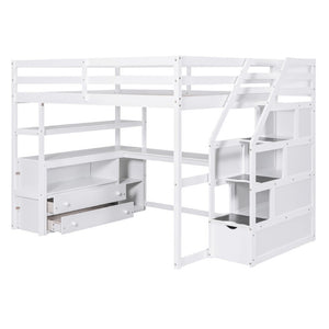 English Elm Full Size Solid Pine Loft Bed with Stair Storage Desk and Shelves in White WF301680AAK
