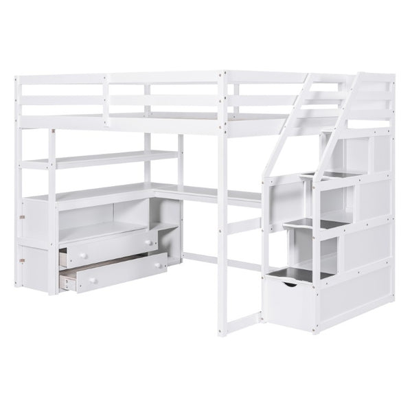 English Elm Full Size Solid Pine Loft Bed with Stair Storage Desk and Shelves in White WF301680AAK