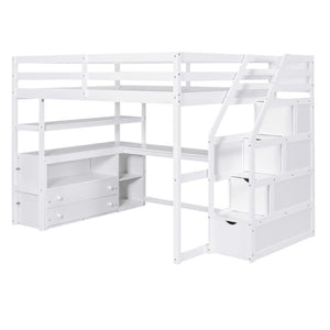English Elm Full Size Solid Pine Loft Bed with Stair Storage Desk and Shelves in White WF301680AAK