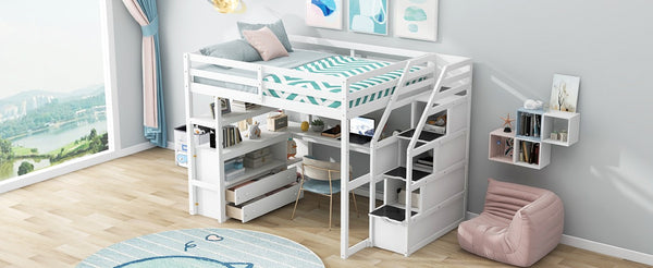 English Elm Full Size Solid Pine Loft Bed with Stair Storage Desk and Shelves in White WF301680AAK