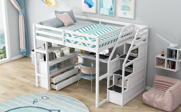 English Elm Full Size Solid Pine Loft Bed with Stair Storage Desk and Shelves in White WF301680AAK