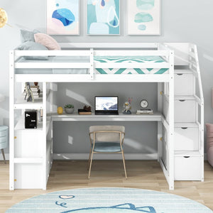 English Elm Full Size Solid Pine Loft Bed with Stair Storage Desk and Shelves in White WF301680AAK