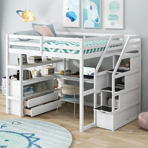 English Elm Full Size Solid Pine Loft Bed with Stair Storage Desk and Shelves in White WF301680AAK
