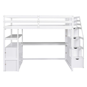 English Elm Full Size Solid Pine Loft Bed with Stair Storage Desk and Shelves in White WF301680AAK