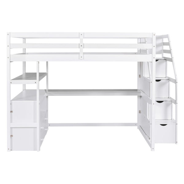 English Elm Full Size Solid Pine Loft Bed with Stair Storage Desk and Shelves in White WF301680AAK
