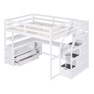 English Elm Full Size Solid Pine Loft Bed with Stair Storage Desk and Shelves in White WF301680AAK