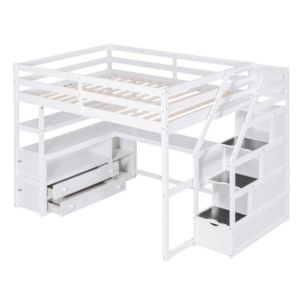 English Elm Full Size Solid Pine Loft Bed with Stair Storage Desk and Shelves in White WF301680AAK