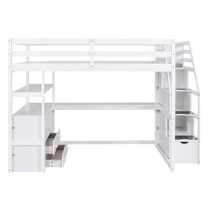 English Elm Full Size Solid Pine Loft Bed with Stair Storage Desk and Shelves in White WF301680AAK