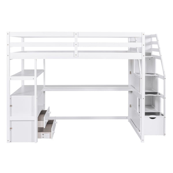 English Elm Full Size Solid Pine Loft Bed with Stair Storage Desk and Shelves in White WF301680AAK