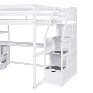 English Elm Full Size Solid Pine Loft Bed with Stair Storage Desk and Shelves in White WF301680AAK