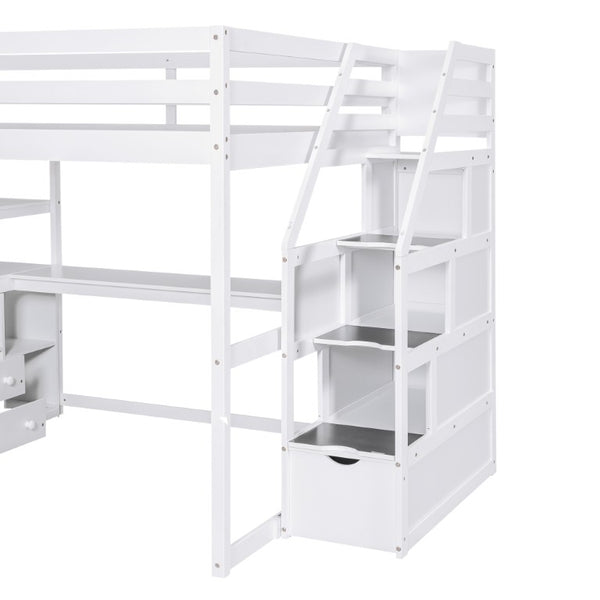 English Elm Full Size Solid Pine Loft Bed with Stair Storage Desk and Shelves in White WF301680AAK