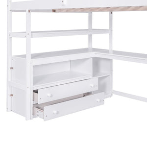 English Elm Full Size Solid Pine Loft Bed with Stair Storage Desk and Shelves in White WF301680AAK