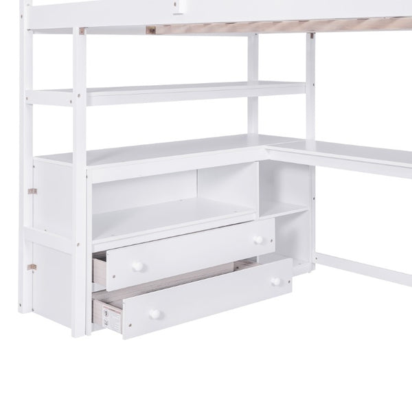 English Elm Full Size Solid Pine Loft Bed with Stair Storage Desk and Shelves in White WF301680AAK