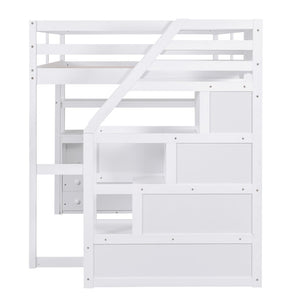 English Elm Full Size Solid Pine Loft Bed with Stair Storage Desk and Shelves in White WF301680AAK