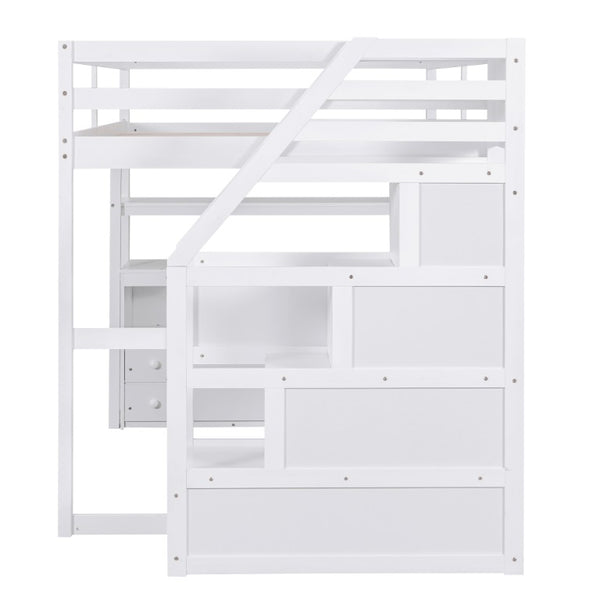 English Elm Full Size Solid Pine Loft Bed with Stair Storage Desk and Shelves in White WF301680AAK