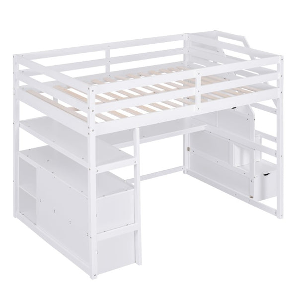 English Elm Full Size Solid Pine Loft Bed with Stair Storage Desk and Shelves in White WF301680AAK
