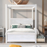 Hearth and Haven Hughes Canopy Platform Full Bed with Two Drawers and Support Slats, Brushed White
