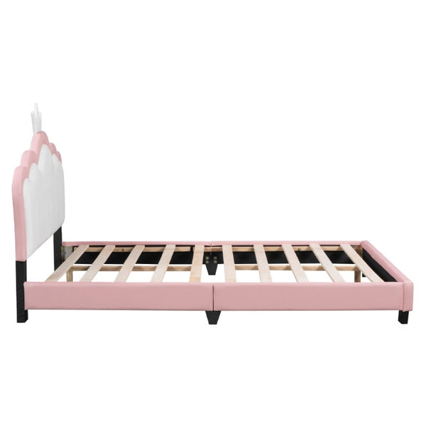English Elm Full Size Princess Platform Bed with Tall Crown Headboard in PU Leather for Girls WF303337AAH