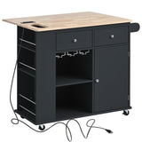 Reynolds Kitchen Island Cart with Drop Leaf and Power Outlet, Black