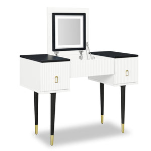 Hearth and Haven Whispering Vanity Table Set with Flip Top Mirror and LED Light, White and Black WF305842AAA