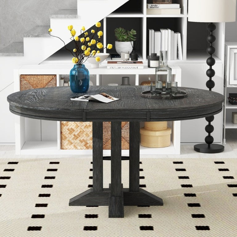 English Elm Trexm Farmhouse Extendable Round Dining Table with Oak Veneer Top and X Base Seats 6 Black WF305980AAB