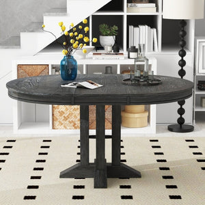 English Elm Trexm Farmhouse Extendable Round Dining Table with Oak Veneer Top and X Base Seats 6 Black WF305980AAB