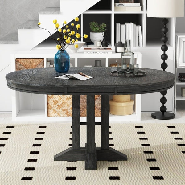 English Elm Trexm Farmhouse Extendable Round Dining Table with Oak Veneer Top and X Base Seats 6 Black WF305980AAB