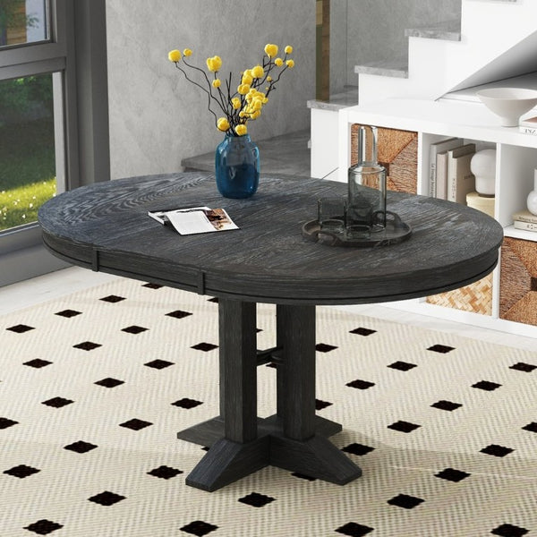 English Elm Trexm Farmhouse Extendable Round Dining Table with Oak Veneer Top and X Base Seats 6 Black WF305980AAB