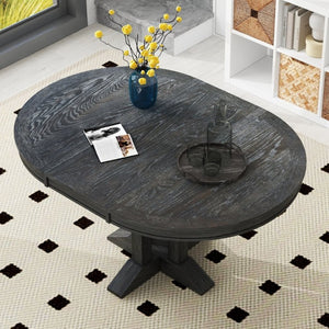 English Elm Trexm Farmhouse Extendable Round Dining Table with Oak Veneer Top and X Base Seats 6 Black WF305980AAB