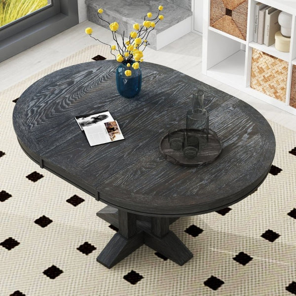 English Elm Trexm Farmhouse Extendable Round Dining Table with Oak Veneer Top and X Base Seats 6 Black WF305980AAB