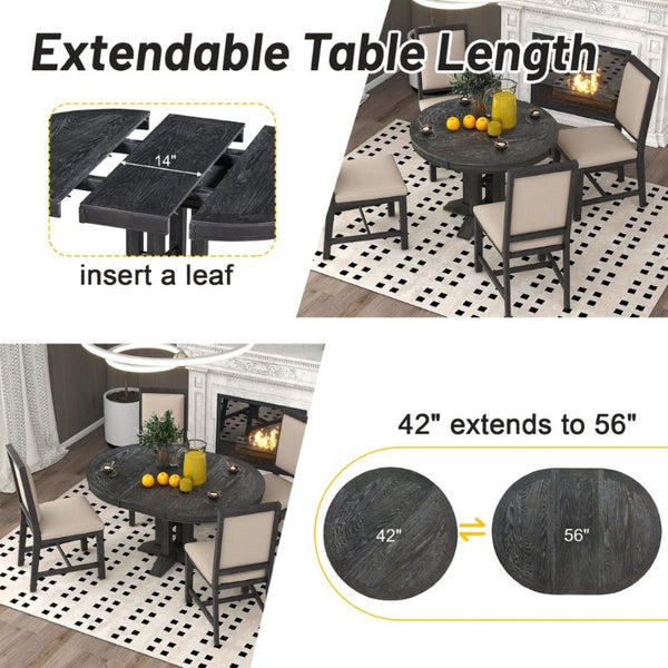 English Elm Trexm Farmhouse Extendable Round Dining Table with Oak Veneer Top and X Base Seats 6 Black WF305980AAB