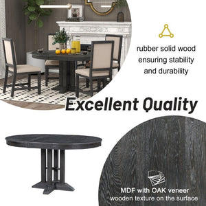 English Elm Trexm Farmhouse Extendable Round Dining Table with Oak Veneer Top and X Base Seats 6 Black WF305980AAB
