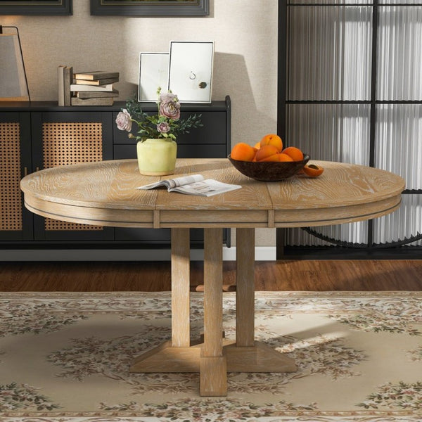 English Elm Trexm Farmhouse Extendable Round Dining Table with Oak Veneer Top and X Base Seats 6 Natural Wood Wash WF305980AAE