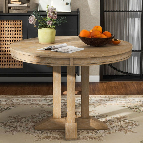 English Elm Trexm Farmhouse Extendable Round Dining Table with Oak Veneer Top and X Base Seats 6 Natural Wood Wash WF305980AAE