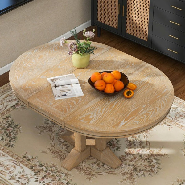 English Elm Trexm Farmhouse Extendable Round Dining Table with Oak Veneer Top and X Base Seats 6 Natural Wood Wash WF305980AAE
