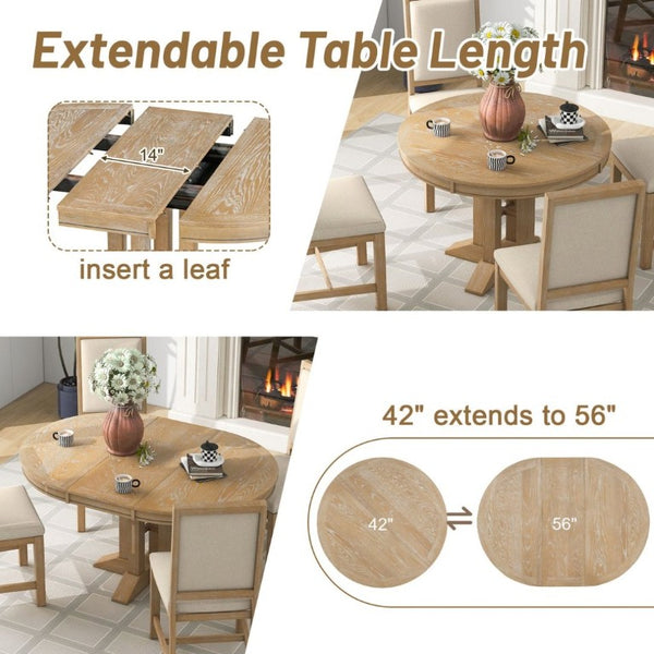 English Elm Trexm Farmhouse Extendable Round Dining Table with Oak Veneer Top and X Base Seats 6 Natural Wood Wash WF305980AAE