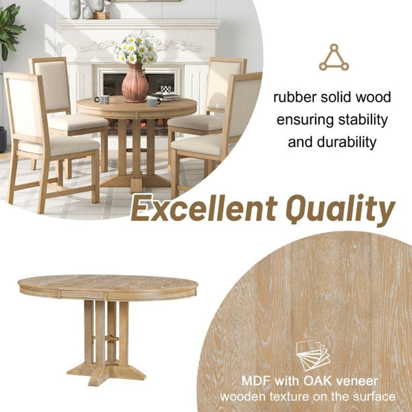 English Elm Trexm Farmhouse Extendable Round Dining Table with Oak Veneer Top and X Base Seats 6 Natural Wood Wash WF305980AAE